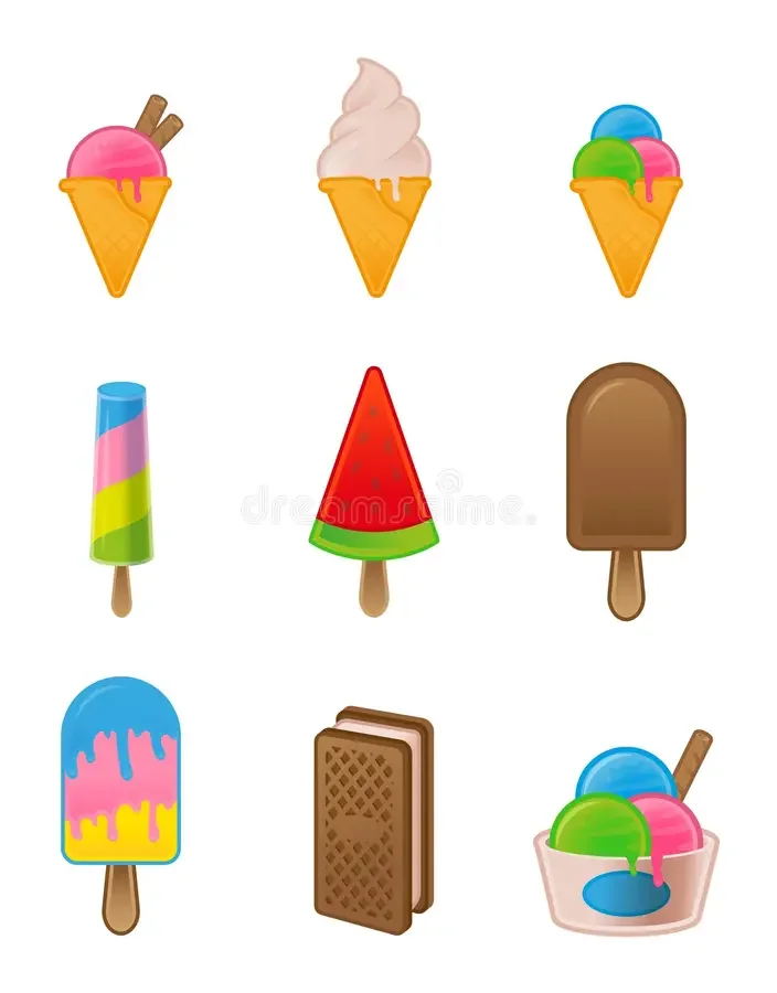 Collection of nine colorful ice cream and popsicle illustrations, including ice cream cones, popsicles, and a bowl with scoops.