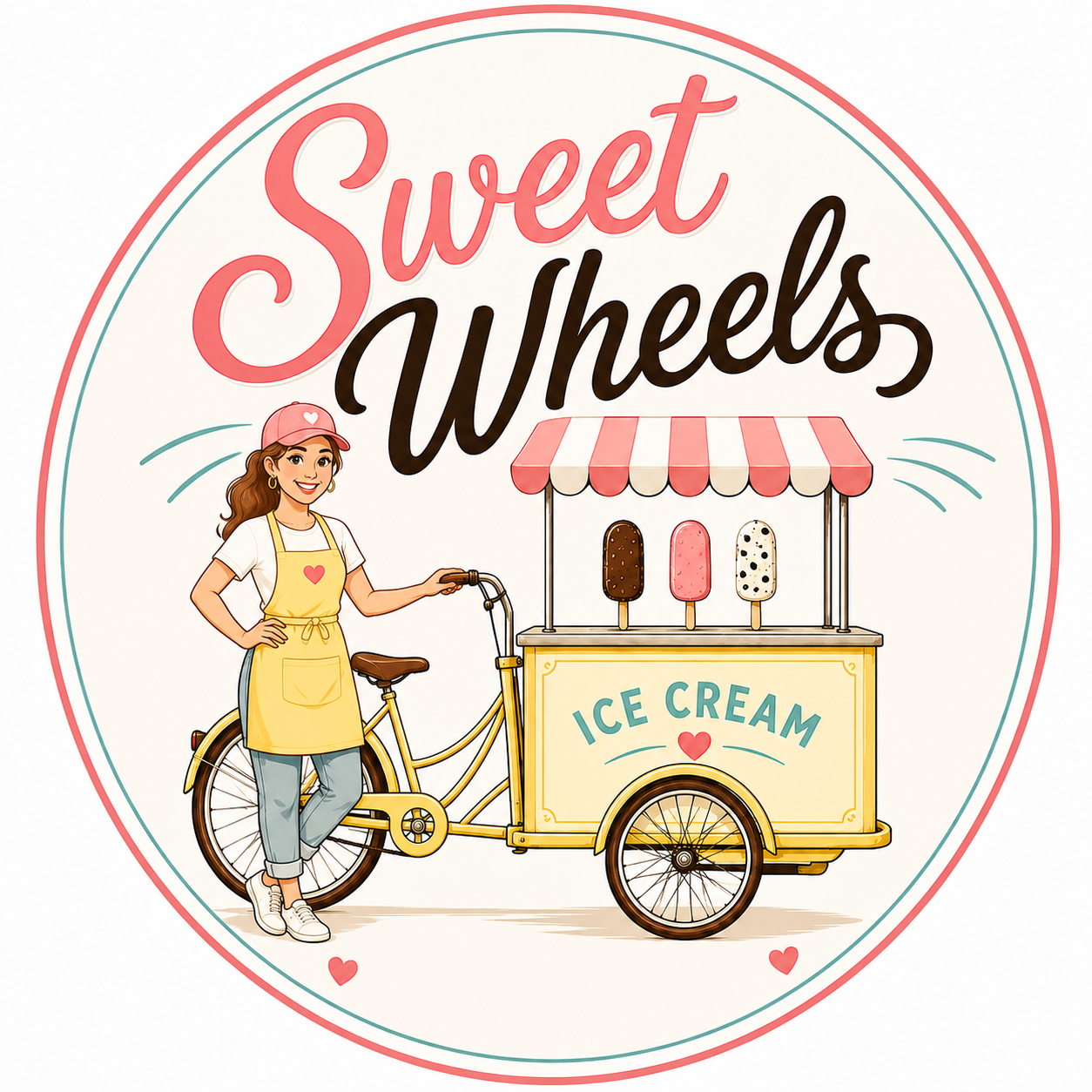 Illustration of a girl in a yellow apron and pink cap standing next to a yellow bicycle with a cart selling ice cream. The cart has three ice cream cones and the words 'Ice Cream' with a small red heart. The background features the large text 'Sweet Wheels' with a pink, white, and red striped canopy over the ice cream cart.