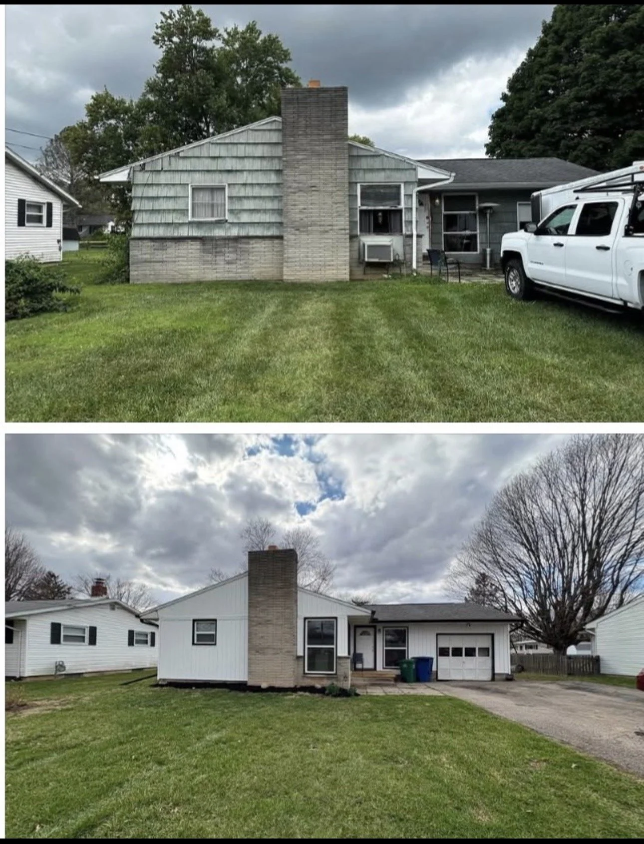 Comparison of a house before and after renovation, showing the backyard with grass, trees, and a chimney, with the house now painted white and with a cleaner appearance.
