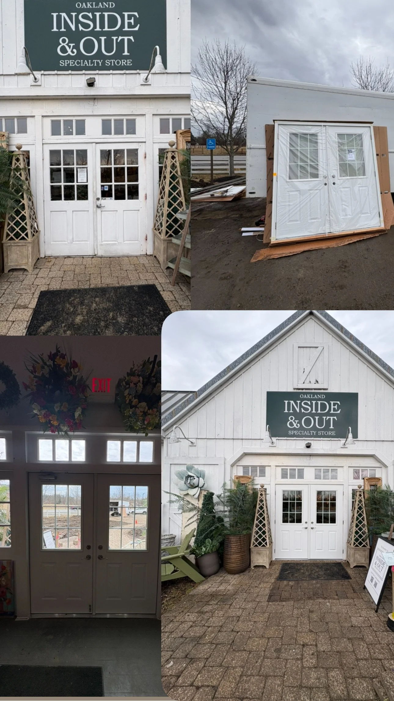 Exterior of a store named 'Inside & Out' in Oakland, with a white facade, double doors with glass panels, and a large sign above. The store sells specialty items. There are also images of interior space with ceiling flowers, a double door entrance, a