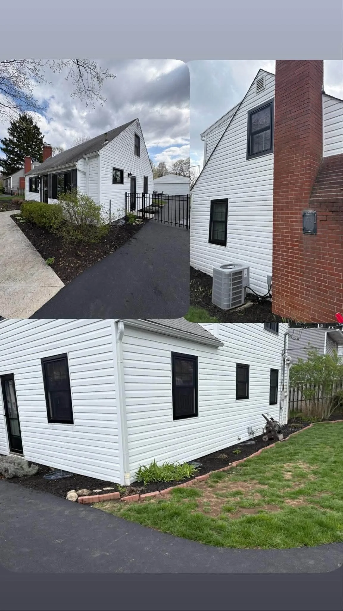 Sequence of three images showing the exterior of a white house with black windows, a black gate, and landscaping. The first image displays the front view of the house with a driveway, bushes, and a cloudy sky. The second image shows the side of the house with an air conditioning unit and a brick chimney. The third image depicts the back of the house with a well-maintained lawn and a garden bed.