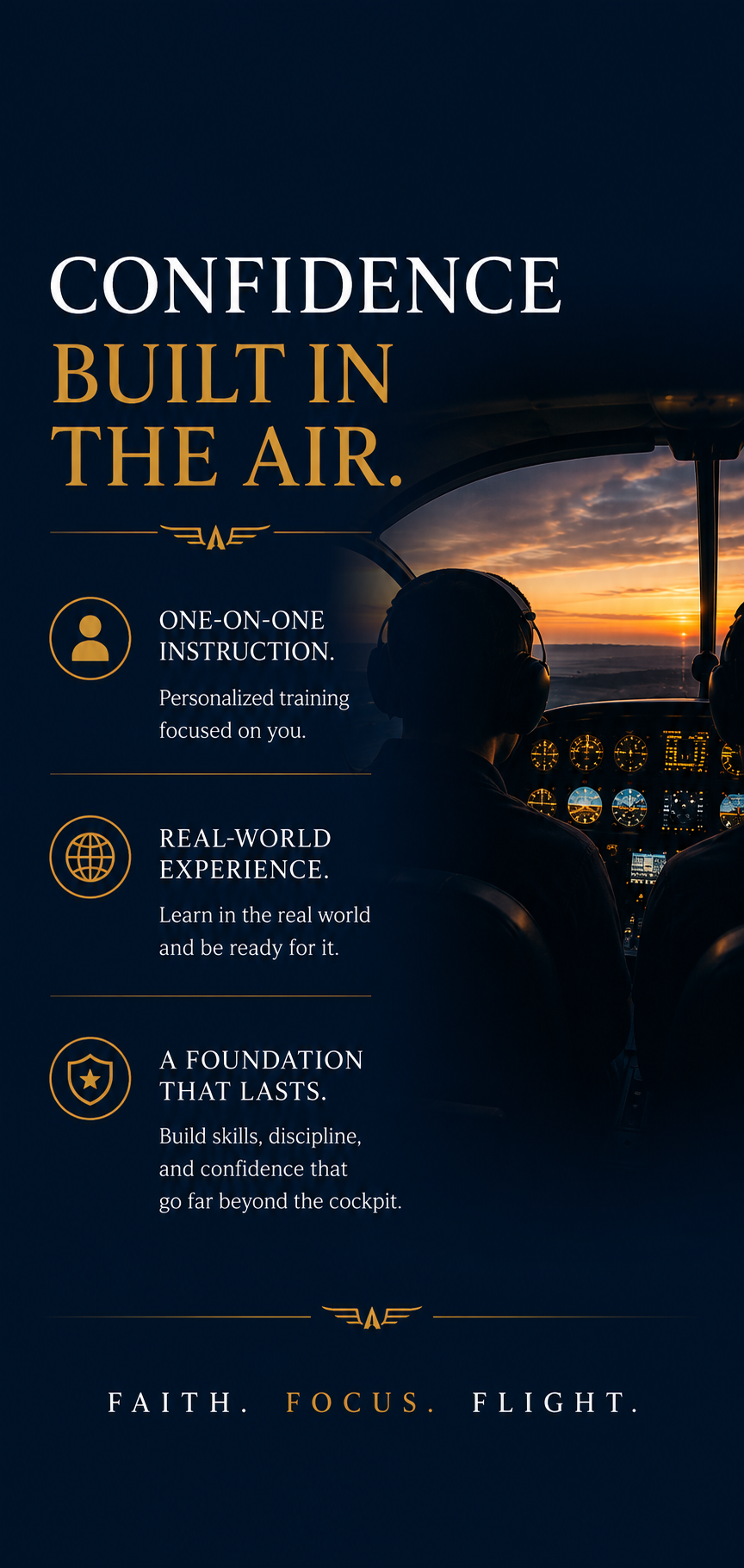 An advertisement for flight training featuring a sunset view from inside an airplane cockpit, with silhouettes of two pilots and various instrument panels.