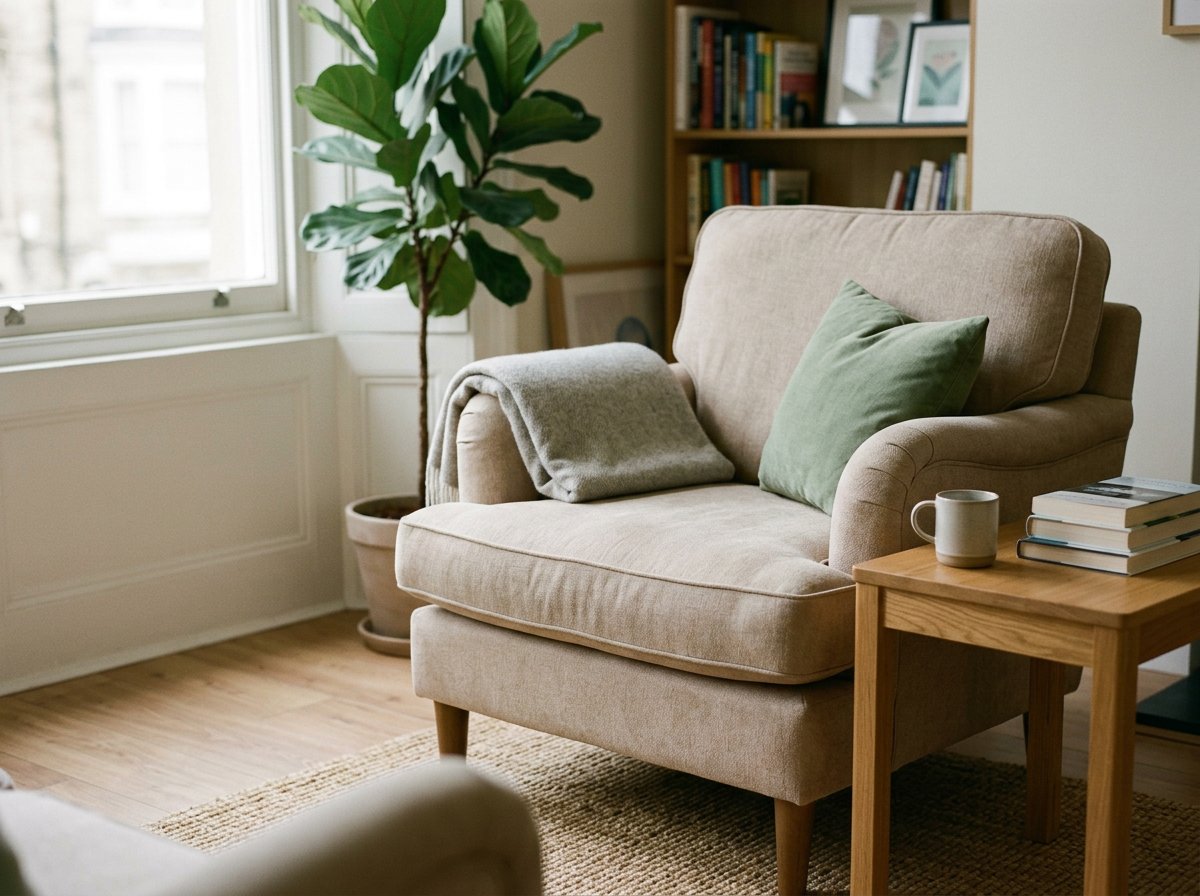 Sala de estar com sofá bege, almofada verde, mesa de madeira com livro, xícara e uma revista, e uma estante de livros ao fundo ao lado de uma planta.