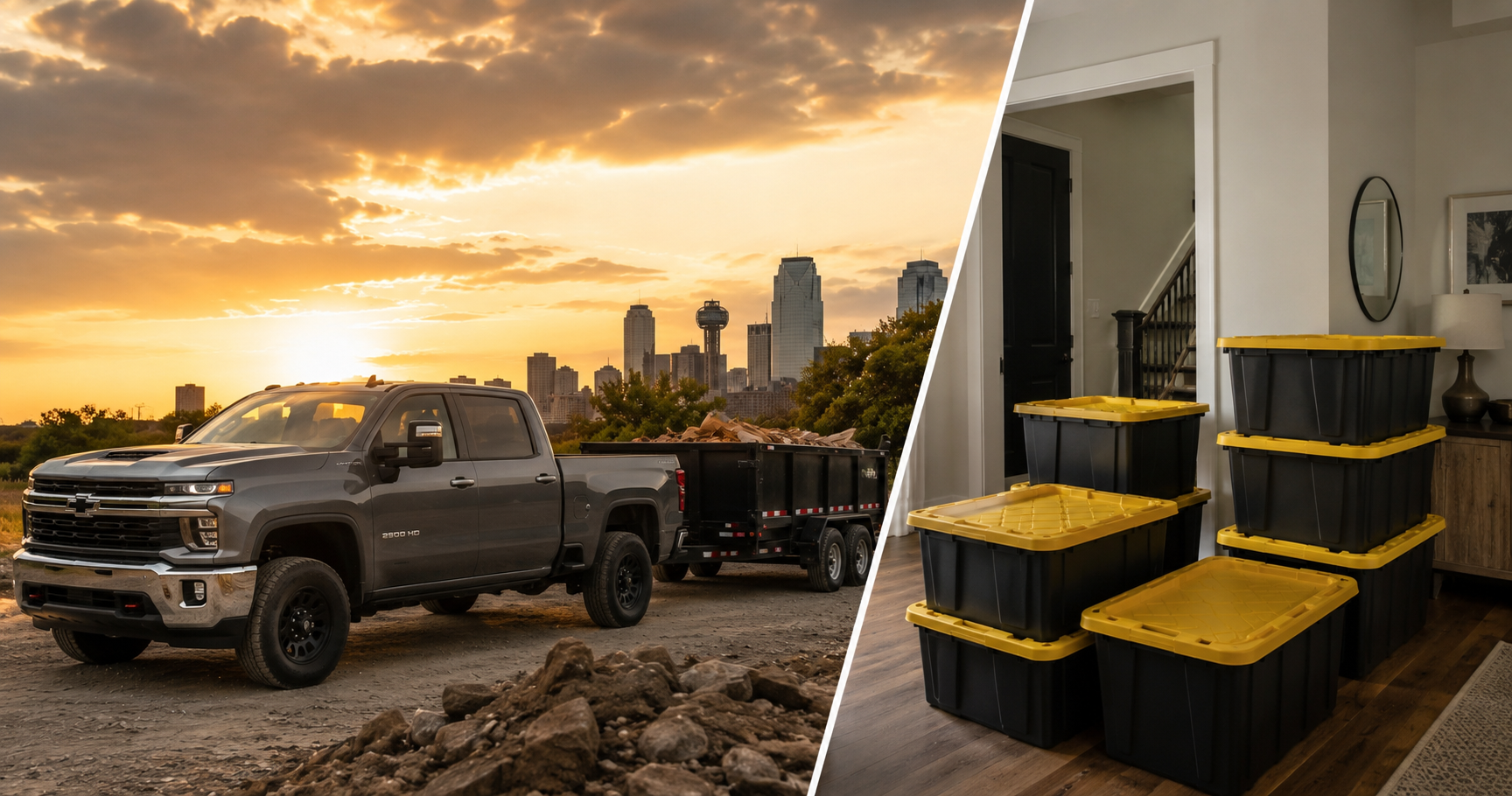 A gray pickup truck with a trailer loaded with debris parked outside during sunset, and a room with stacked storage bins with yellow lids inside.