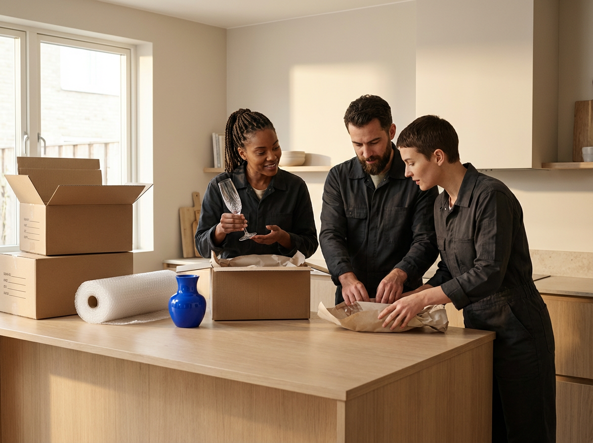 Three people packing a box inside a kitchen, with packing supplies on the counter, including a roll of paper towels and a blue vase.