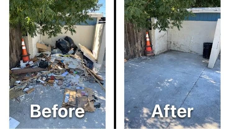 Comparison of a small, cluttered outdoor area with trash, debris, and discarded items on the left labeled 'Before,' and a clean, empty space after cleanup on the right labeled 'After.'