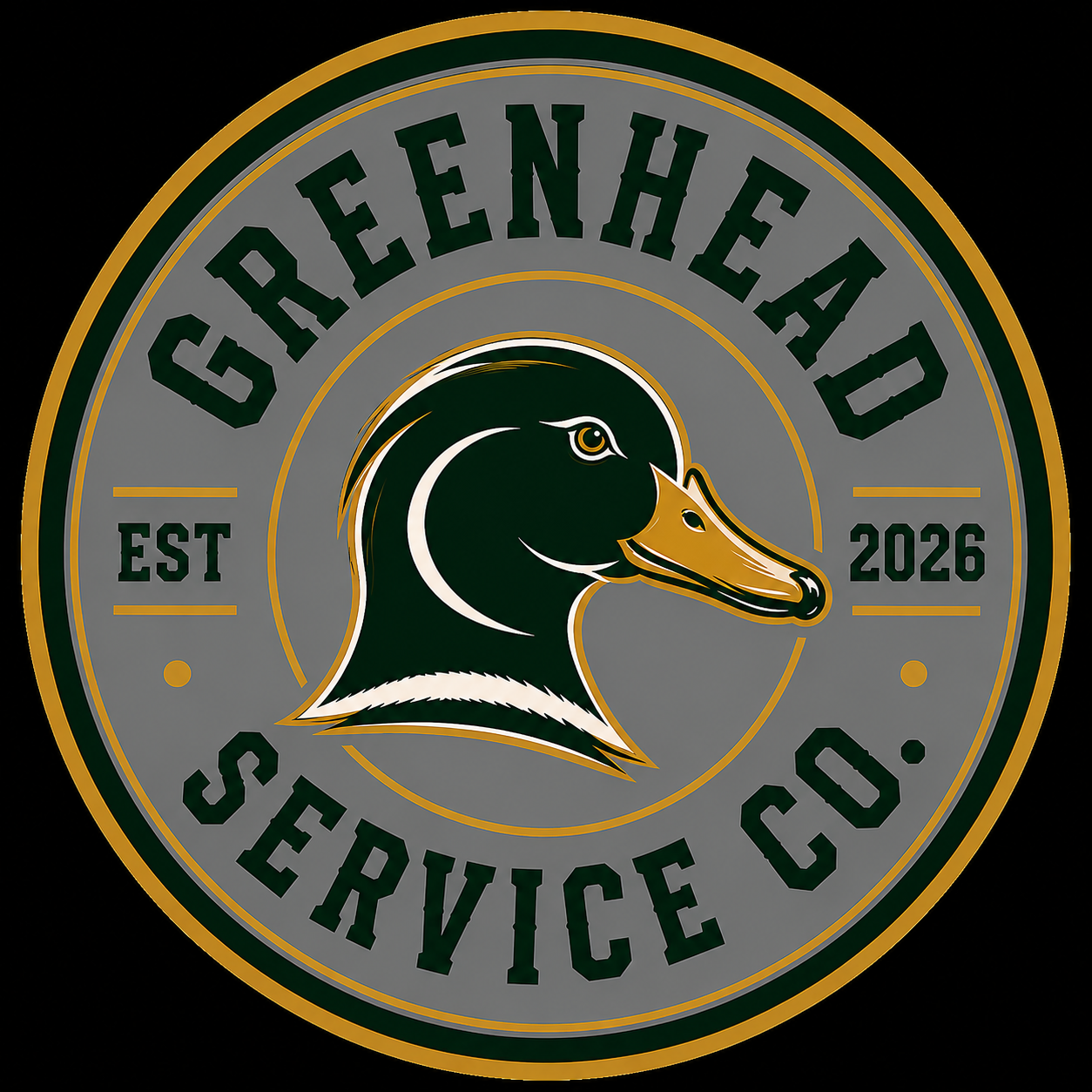 A circular logo with the text 'Greenhead Service Co.' and 'EST 2026'. In the center, there is a stylized illustration of a duck's head in dark green, white, and gold colors, outlined in white and gold.