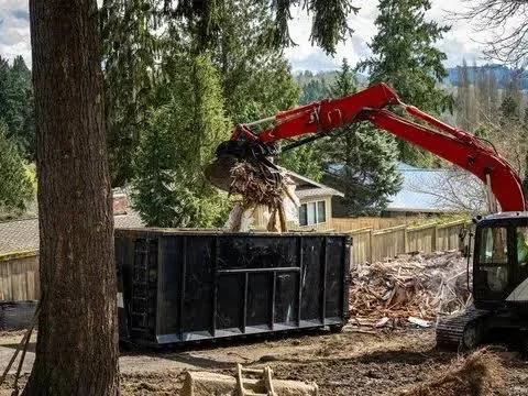 Excavator loading debris into a large black dumpster in a backyard with trees, a house, and a lake in the background.