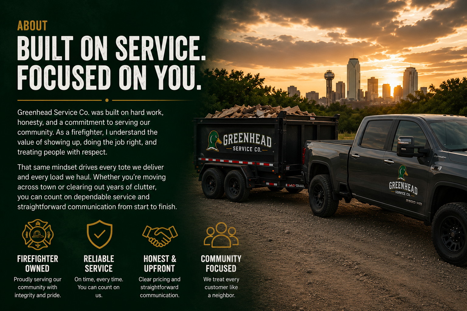 A promotional image for Greenhead Service Co. showing a truck and pickup with the company logo, set against a sunset skyline of Dallas, Texas.