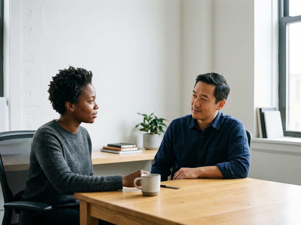 A woman and a man seated at a wooden table having a conversation in an office. The woman has curly hair and is wearing a dark sweater. The man has short black hair and is wearing a blue shirt. There is a mug and a pen on the table. A window with sunlight and a plant in a pot are in the background.