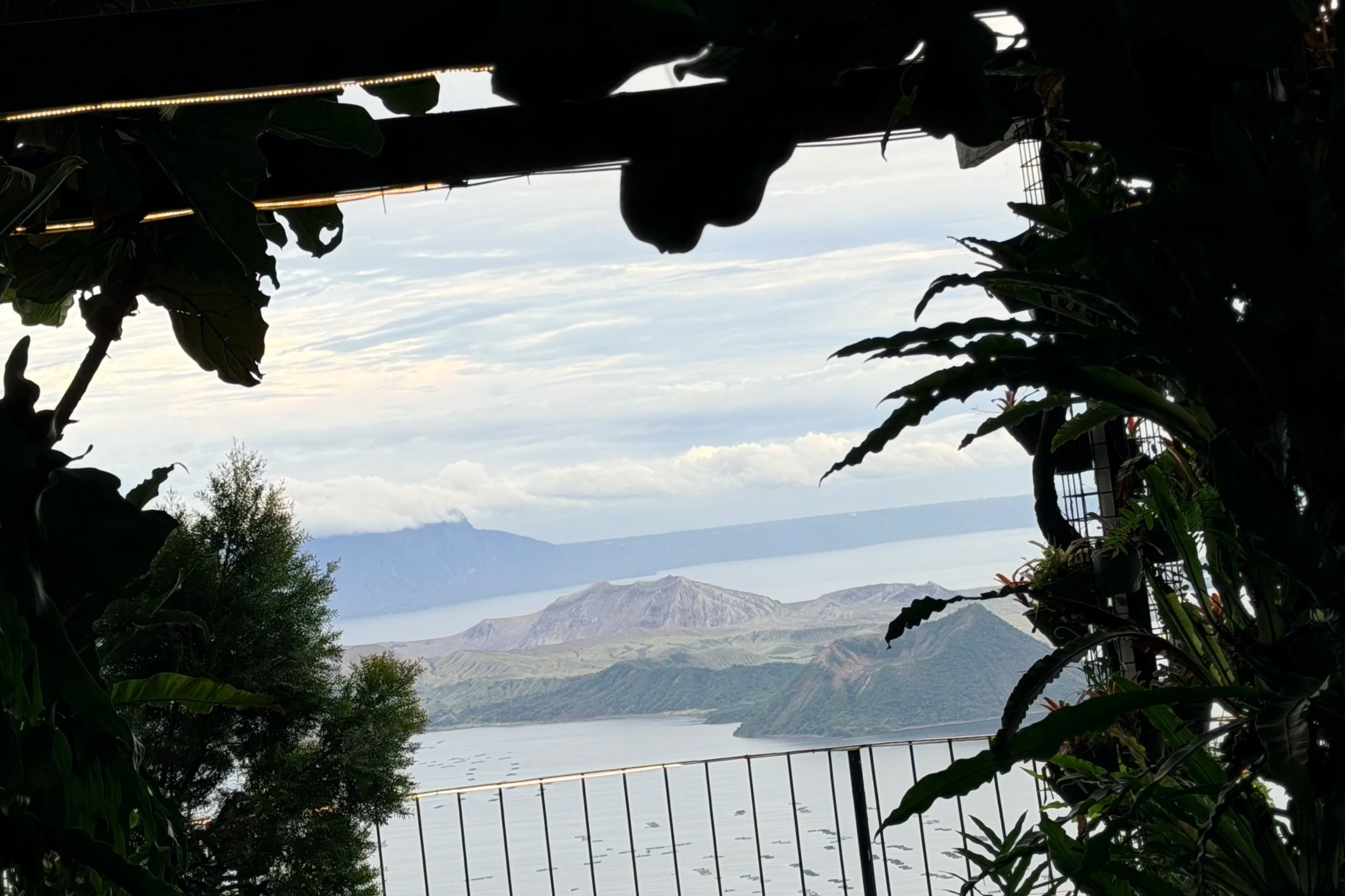 Scenic view of a lake or sea with mountains in the distance, seen through darkened tree branches and leaves, with a metal railing in the foreground.