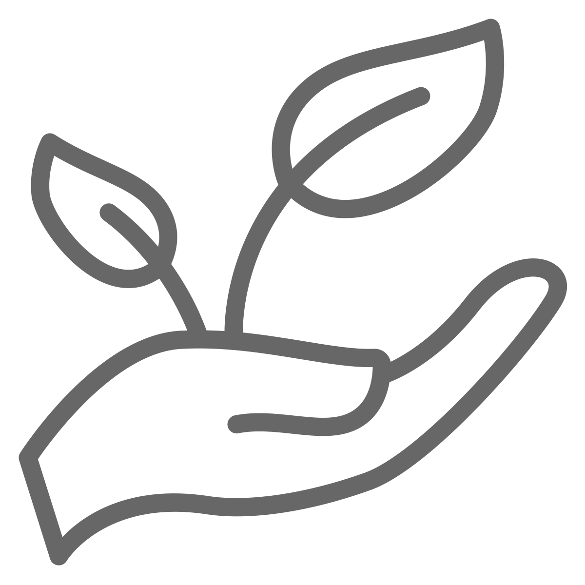 Outline of a hand holding two small seedlings with leaves.