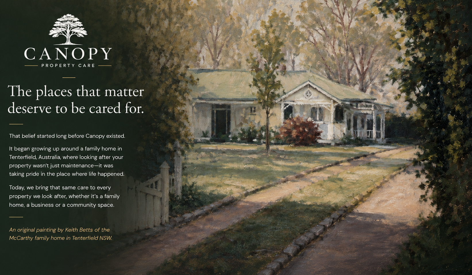 A painting of a family home in Tenterfield, Australia, with a pathway leading to a porch, surrounded by trees and bushes, under a partly cloudy sky.
