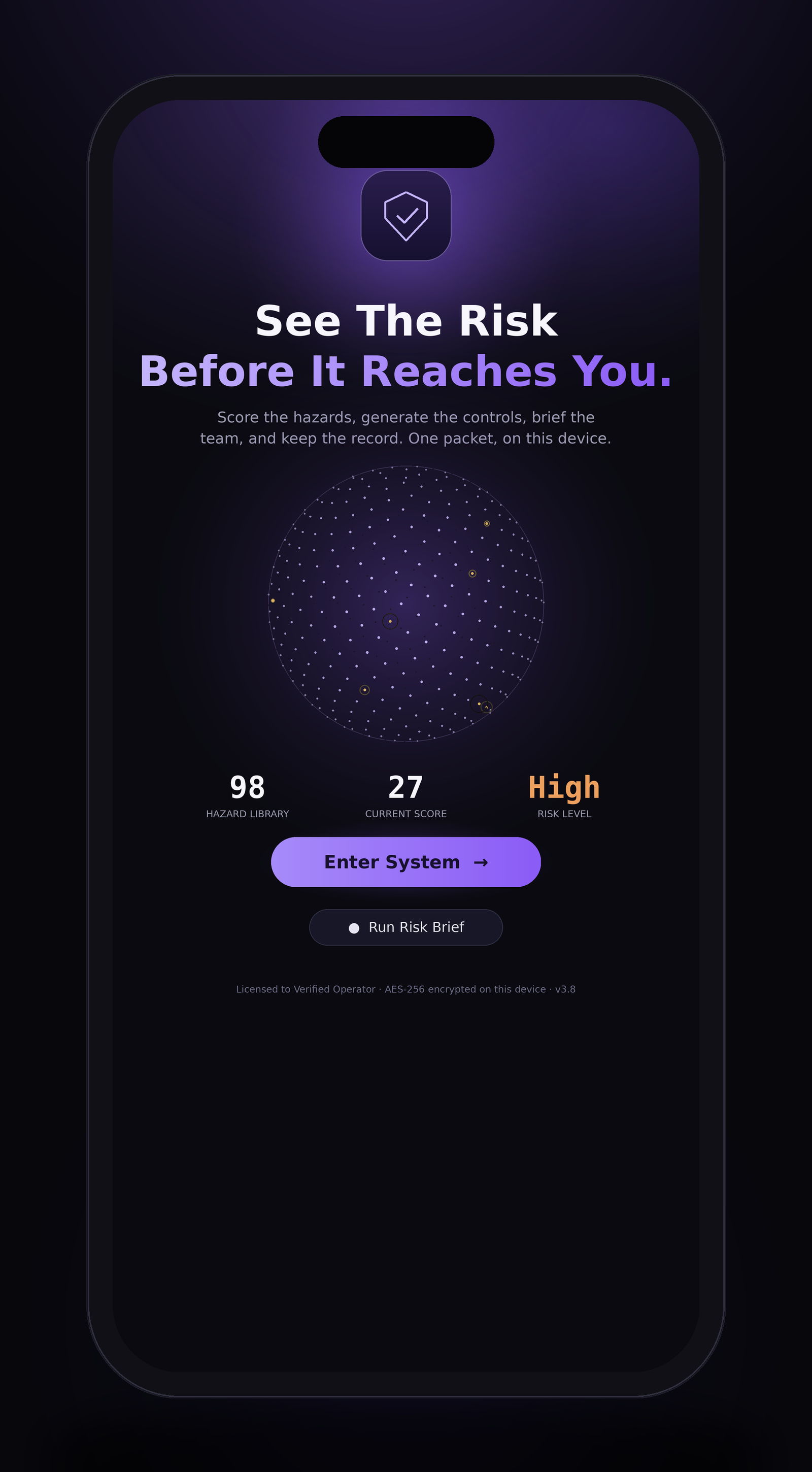 Mobile app interface displaying a cybersecurity risk management tool with a circular risk chart, current score of 27, high risk level, and options to enter system or run risk brief.