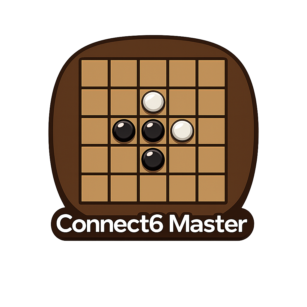 A digital illustration of a wooden board game with black and white stones, labeled "Connect6 Master."