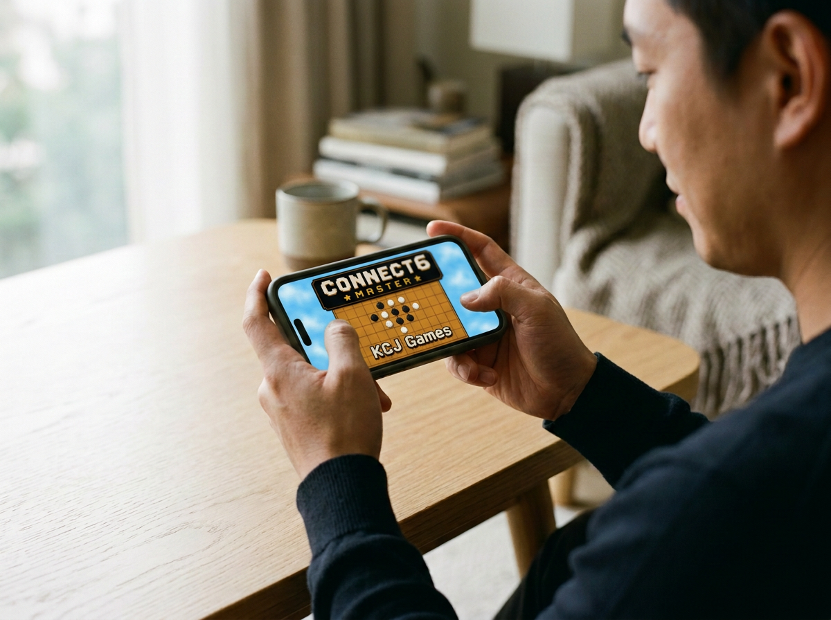 Person holding a smartphone displaying a game of Connect 6, Connect6 Master, Gomoku, SOS game.