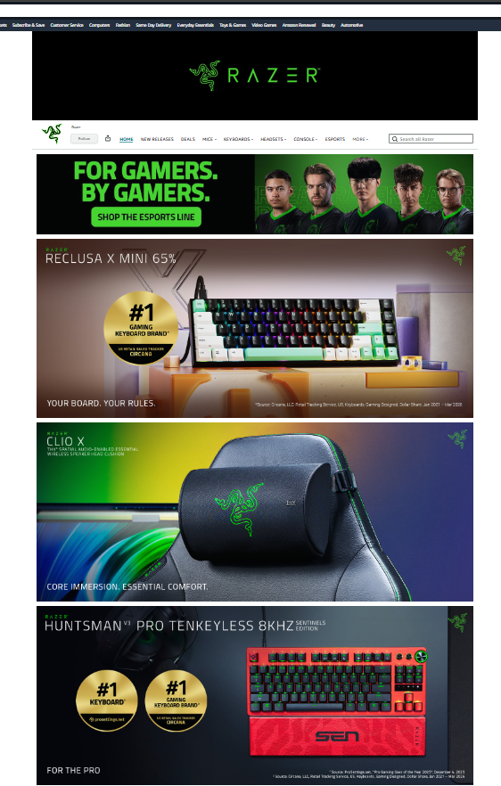 Razer gaming website homepage featuring promotional banners for gaming keyboard, gaming mouse, gaming backpack, and gaming keyboard in red color.