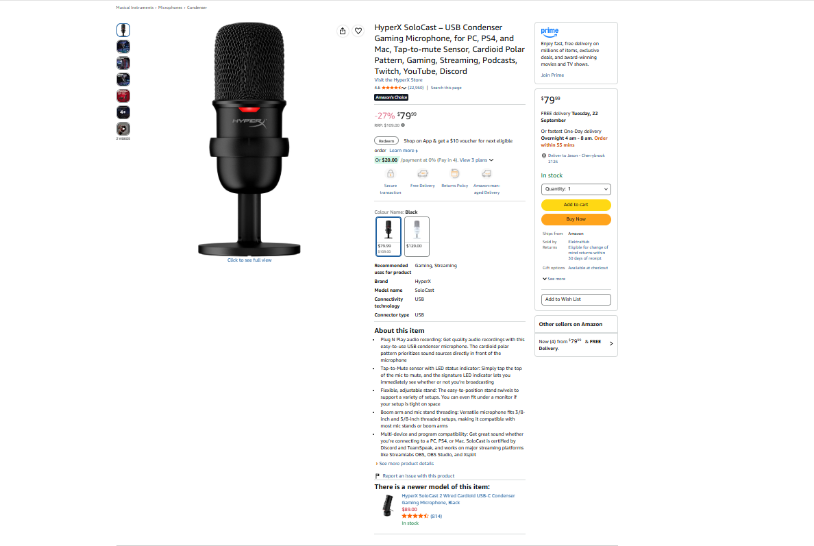 A HyperX SoloCast USB condenser microphone displayed on a white background, with product details and purchase options on the right side of the screen.