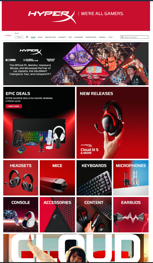 HyperX gaming product website homepage featuring various gaming accessories such as headsets, mice, keyboards, microphones, and earbuds, with promotional banners for deals and new releases.