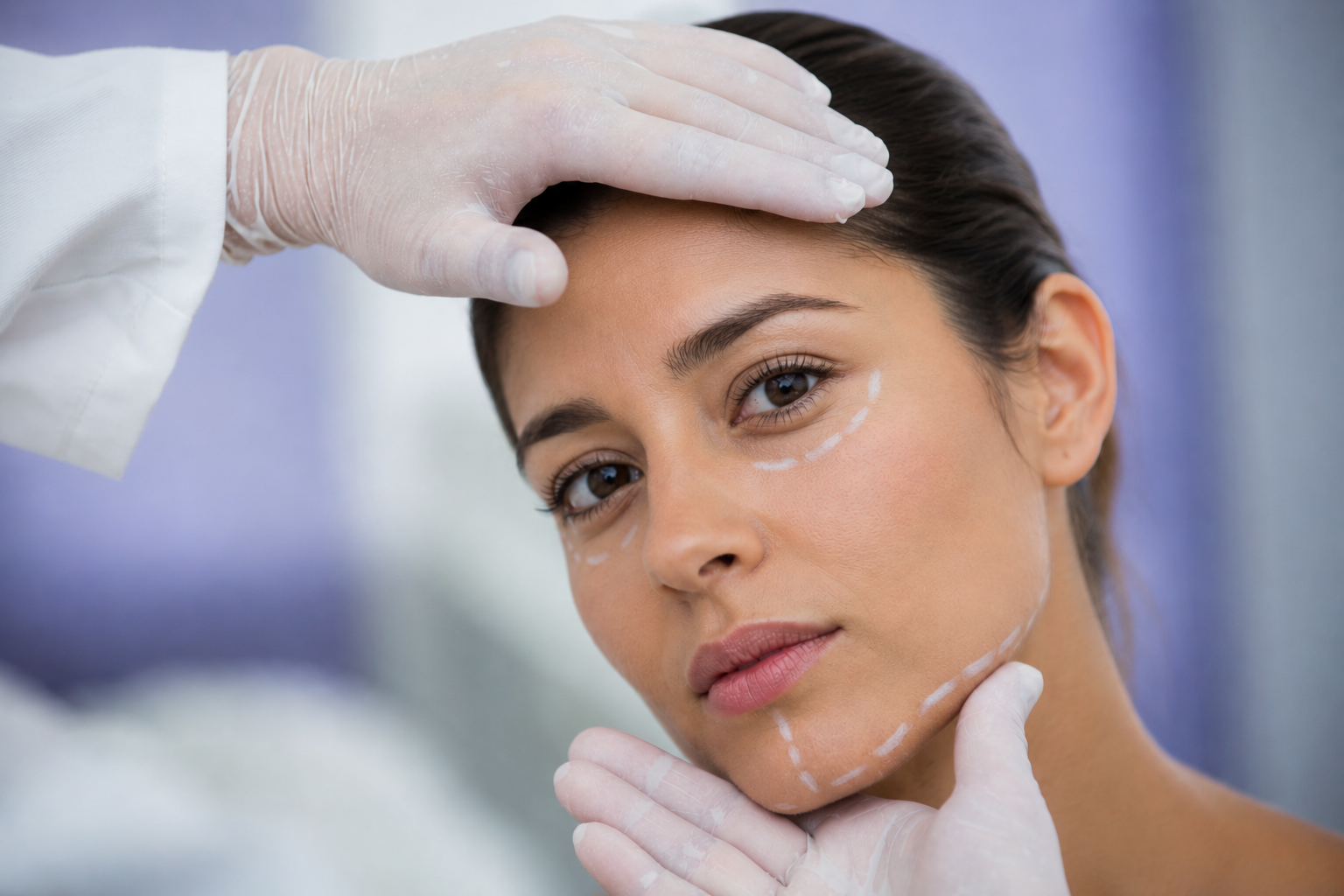 Mujer con marcas de cirugía en el rostro, en consulta estética, mientras un médico la examina.