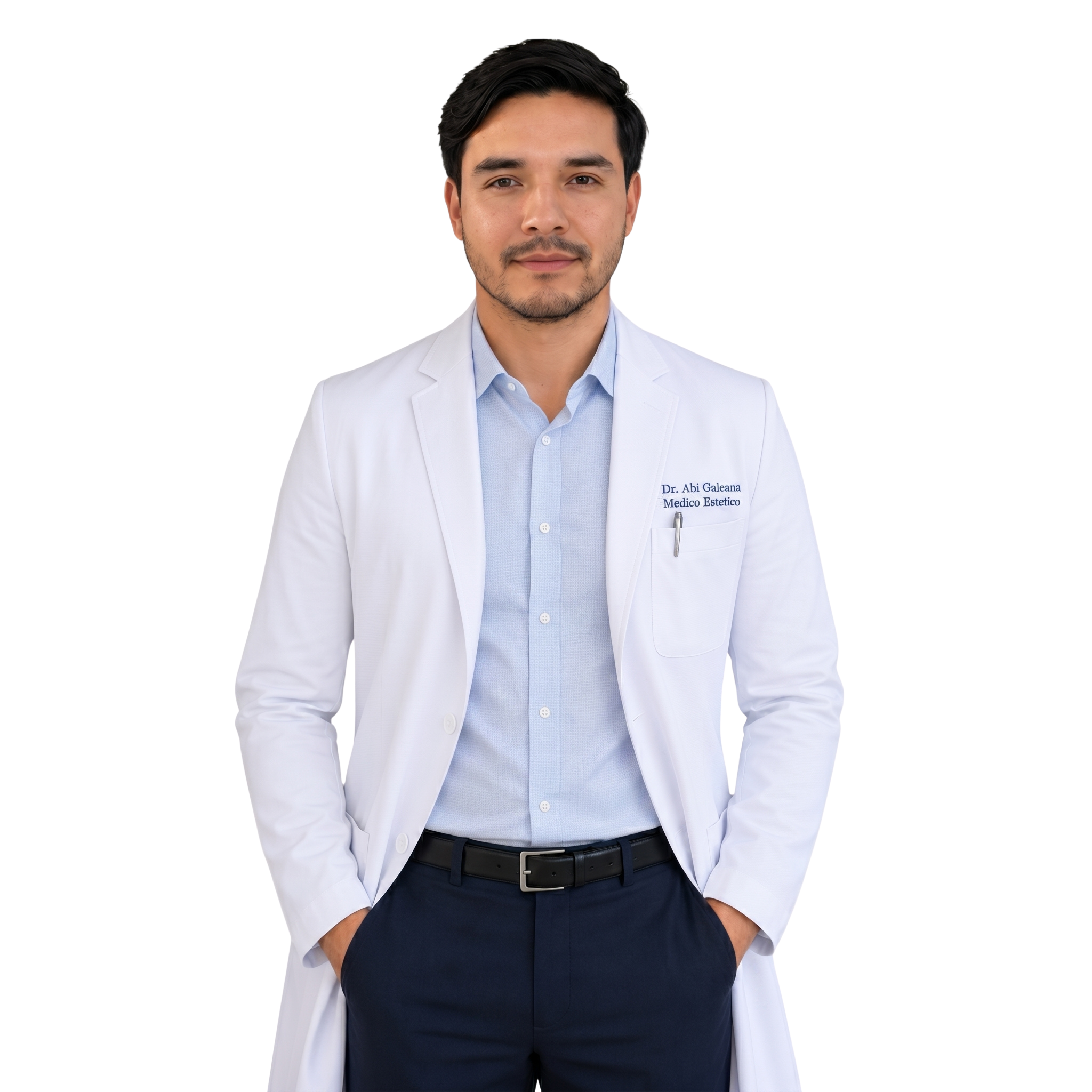 Hombre con peinado oscuro, barba y bigote, vestido con bata de médico blanca y camisa azul. Lleva un cinturón negro y tiene una expresión confiada. La bata tiene un nombre y título que dice 'Dr. Abi Galeana Médico Estético'. Sólo la parte superior del cuerpo está visible, contra un fondo blanco.