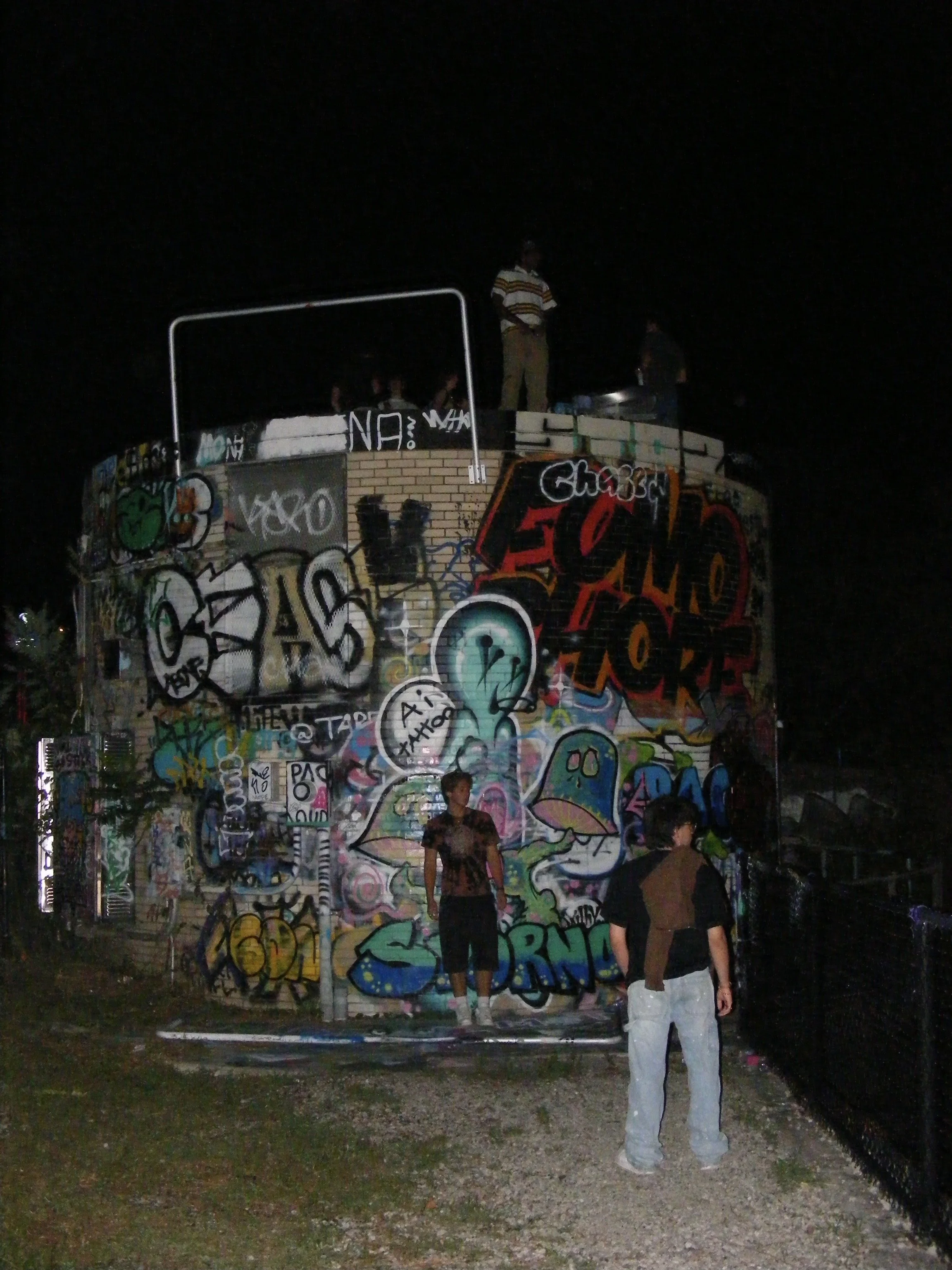 Nighttime scene of a graffiti-covered wall with four young men standing in front of it. Two are on the ground, one on the wall's ledge, and one standing on top of the wall. Some people are partially visible in the background.