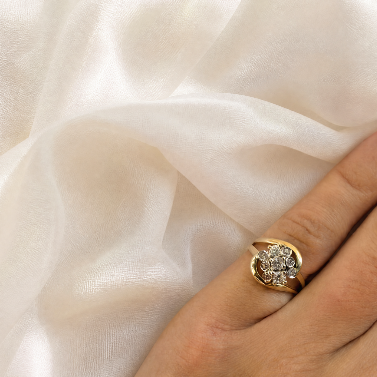 Close-up of a ring with a cluster of small diamonds set in a gold band, placed on a hand against soft white satin fabric.