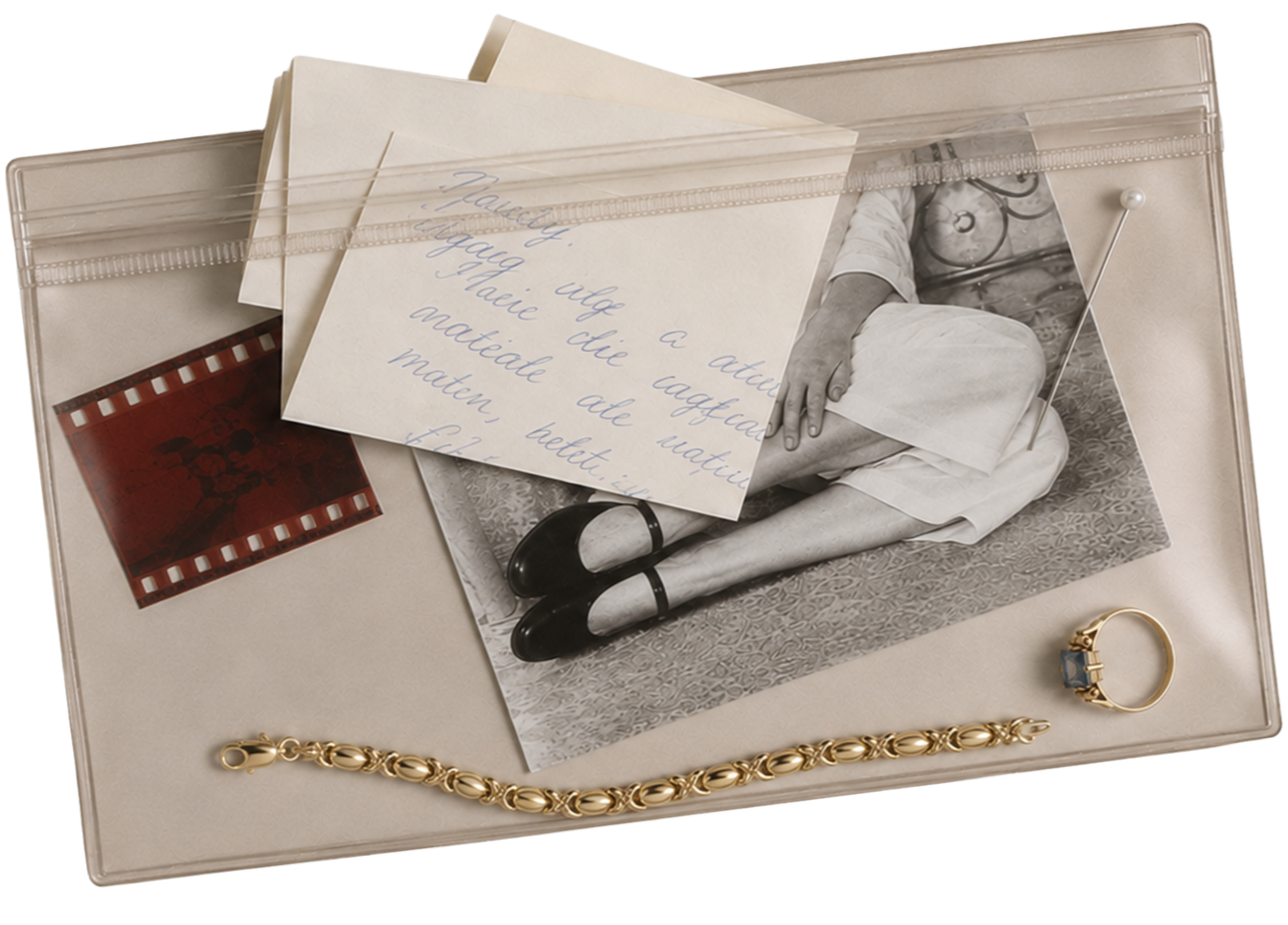 A vintage jewellery photo album featuring a black-and-white photo of a woman, a handwritten provenance note, a gold ring, a gold bracelet, and a film strip.