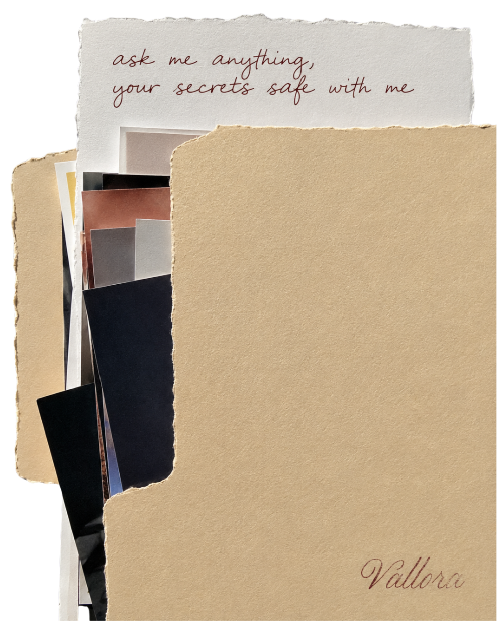 A layered collage of torn, textured paper sheets with handwritten text reading 'ask me anything, your secret's safe with me,' signed 'Vallora' — part of Vallora Vintage's storytelling behind each pre-loved jewellery piece.