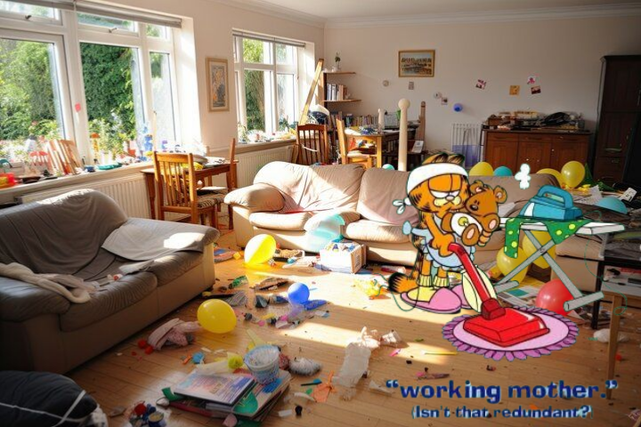 Living room with a messy floor, balloons, scattered papers, and toys. Sofa with blanket, window sill cluttered, and a cartoon mother mopping the floor with her baby, captioned 'working mother? Isn't that redundant?'.