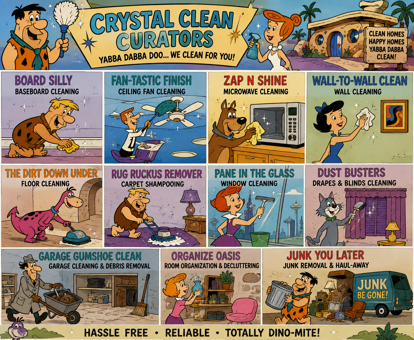 Cartoon illustration of a cleaning service called 'Crystal Clean Curators' with various characters cleaning different areas, including baseboard, ceiling fan, microwave, wall, floor, carpets, windows, curtains, garage, and organizing items, with a dinosaur mascot and a woman with a spray bottle.