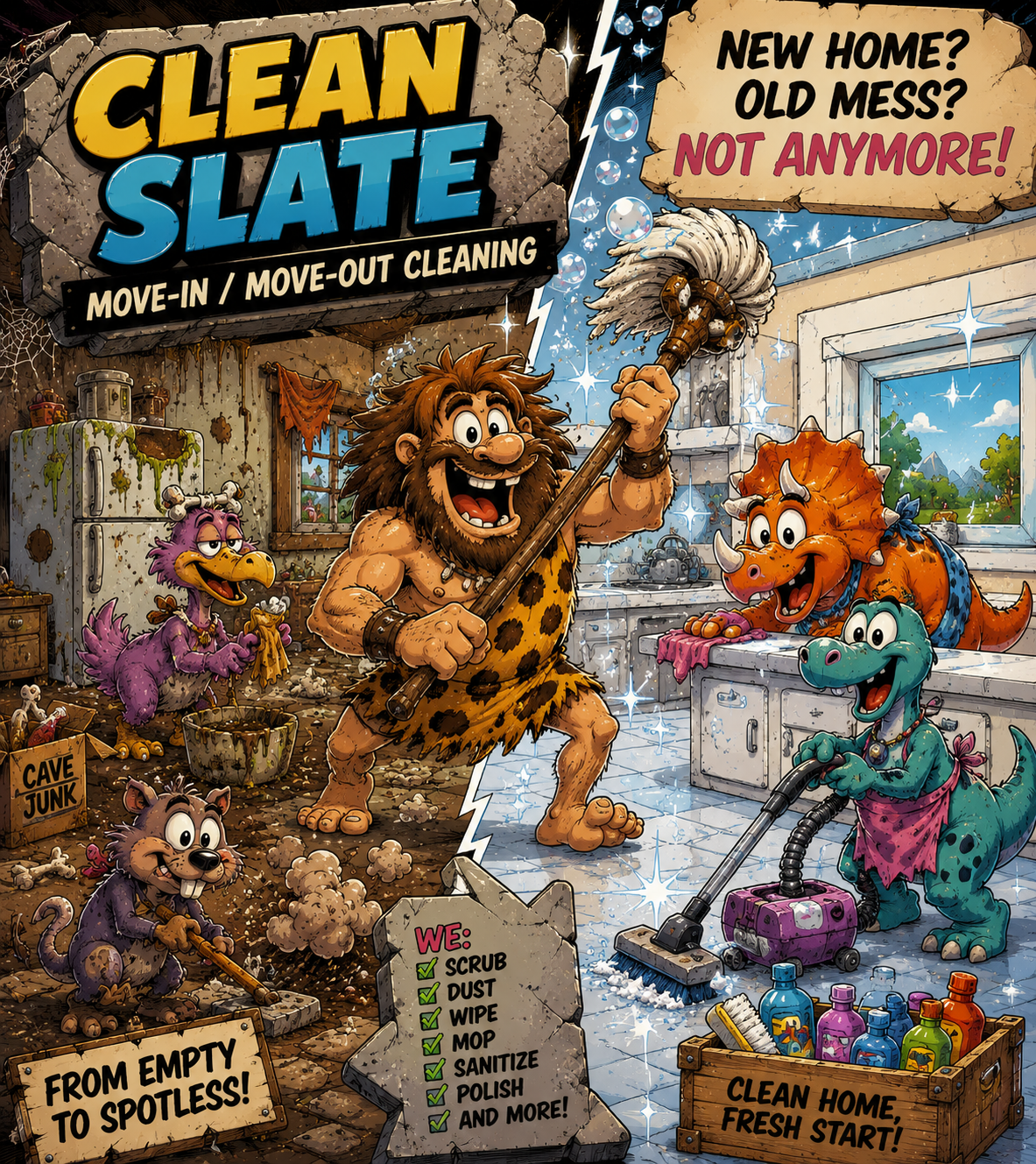 A colorful cartoon depiction of a clean slate cleaning service, showing a chaotic, filthy, and cluttered old house on the left with dirty dishes, trash, and clutter, and a spotless, bright, and neat new home on the right with cheerful cartoon animals, including a dinosaur and a monster, using cleaning equipment. The image features a humorous transformation from messy to clean with text promoting move-in/out cleaning, highlighting the benefits of a fresh start.