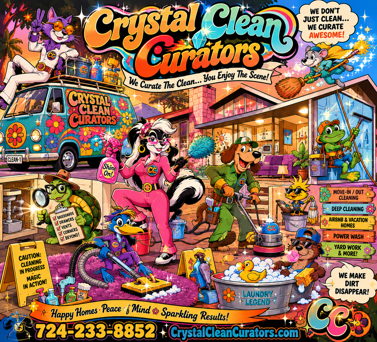 Colorful illustration of a cleaning service company called 'Crystal Clean Curators' with anthropomorphic animals in cleaning uniforms. The scene includes a decorated van, a woman with pink uniform and black-and-white fur, a dog with a cap and pressure washer, a turtle with glasses and clipboard, a lizard with sunglasses and a mop, a bird with a vacuum, and a frog with a squeegee. The background shows a house and trees, with various cleaning tools and signs advertising services, and a slogan at the bottom: 'Happy Homes, Peace of Mind, Sparkling Results!'