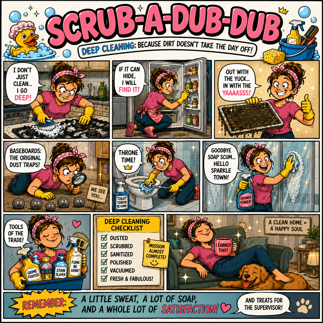 Comic strip showing a woman cleaning her kitchen and bathroom with various cleaning supplies. She wears yellow gloves, a pink shirt, and a pink headband with white polka dots. In the first panel, she is scrubbing a stovetop and says she doesn't just clean, she goes deep. In the second panel, she looks for dirt in the fridge. The third panel shows her excited about scrubbing off grime with a thumbs up. In the fourth panel, she inspects and finds dirt beneath the baseboards with a magnifier. The fifth panel has her cleaning the toilet vigorously. The sixth panel shows her using cleaning spray on soap scum in the shower, saying goodbye to soap scum. The seventh panel shows her proud holding cleaning tools. The eighth panel features her with a checklist of cleaning tasks, saying her mission is almost complete. The ninth panel shows her relaxing on a couch with a mug that says “earned this,” petting a dog, in a clean, cozy home. The comic emphasizes that deep cleaning involves effort, soap, and satisfaction, and good cleaning treats everyone well.