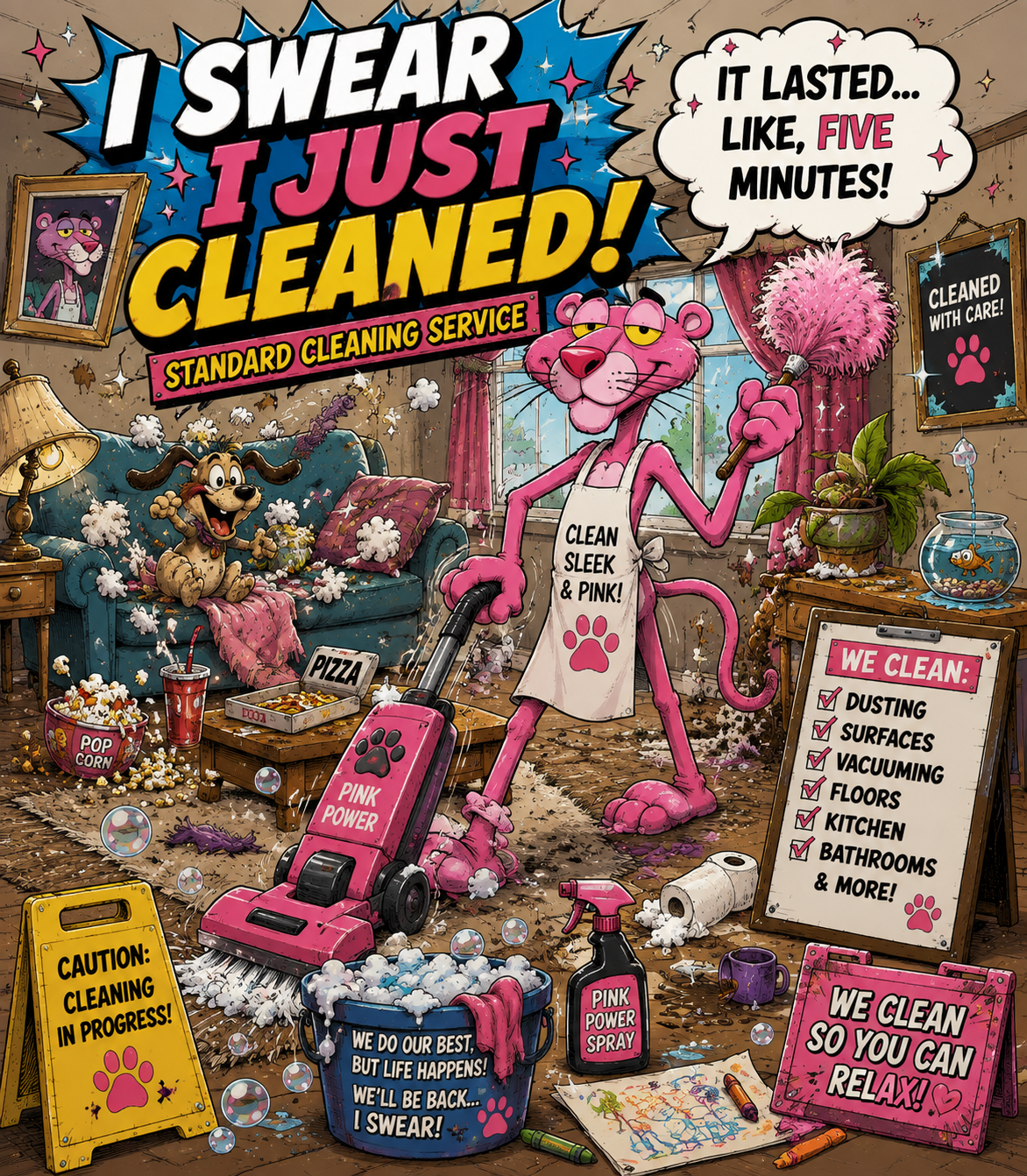 Cartoon living room with splattered dirt and cleaning tools. A pink cat in an apron holding a feather duster and vacuum, surrounded by cleaning supplies, popcorn, and a dog on a couch covered in soap suds, with framed pictures and signs about cleaning.