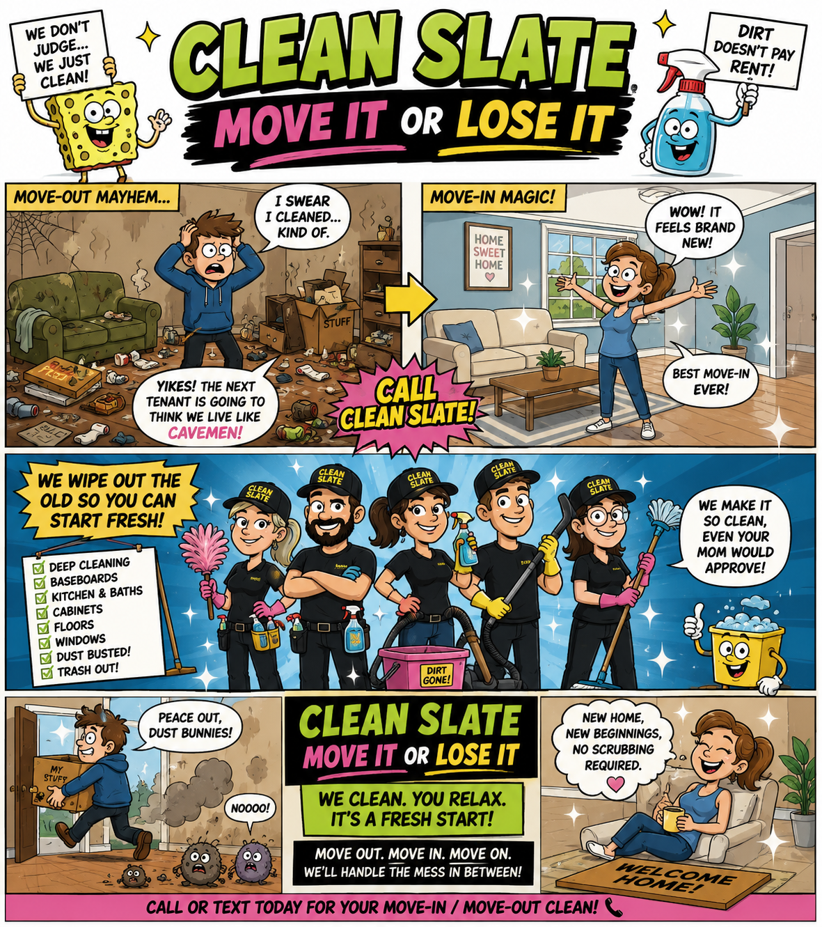 A comic strip promoting a cleaning service called Clean Slate. It features characters illustrating messy vs. cleaned homes, team members dressed in uniforms with cleaning tools, and a satisfied woman enjoying her clean home, emphasizing the benefits of professional cleaning.