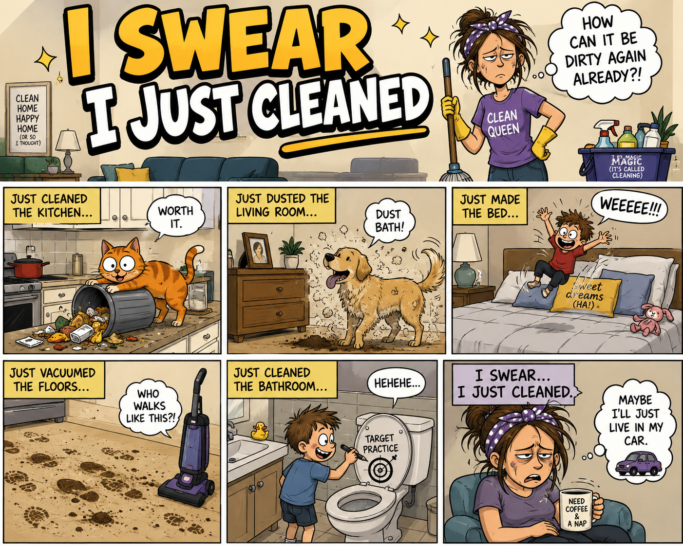 A comic strip titled "I Sweep, I Just Cleaned" featuring a woman in a purple shirt labeled "Clean Queen" with yellow gloves and a mop, expressing frustration about cleaning. The comic shows her cleaning various parts of the house, including the kitchen, living room, making the bed, vacuuming the floors, and cleaning the bathroom. Her cat, dog, and child are seen in the comic, with the woman humorously realizing that despite her cleaning efforts, dirt and mess are still present.