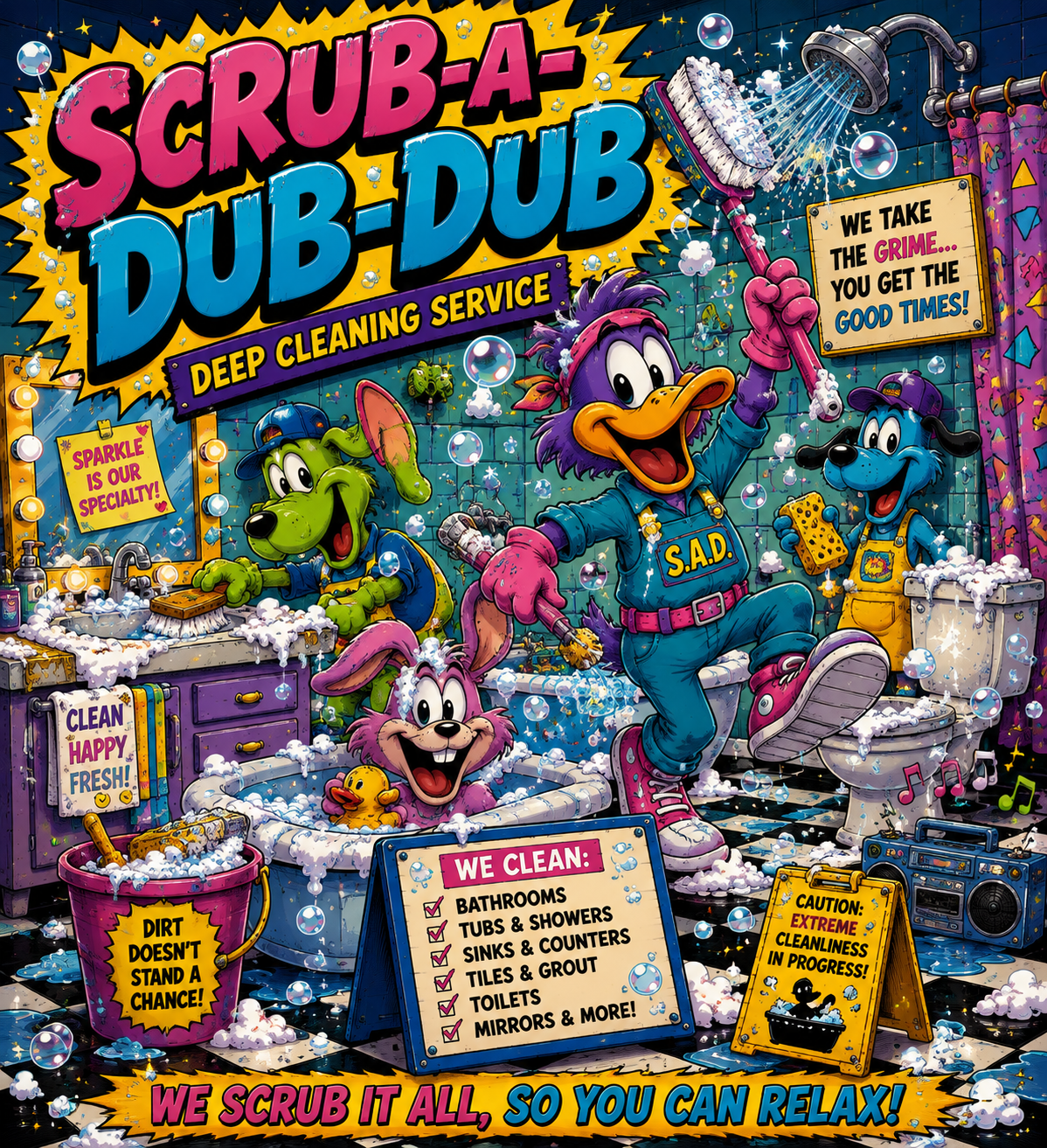 Colorful cartoon illustration of a mascot cleaning a bathroom with soap and bubbles. The mascot is a purple duck with a pink bandana, wearing a blue overalls with S.A.D. on it, and holding a scrub brush and a showerhead. Two other dog mascots are also cleaning: one green dog washing dishes, and one blue dog with a sponge. A pink rabbit with a yellow rubber duck is in a bathtub. Signs display cleaning services and slogans, with vibrant decorations and musical notes.