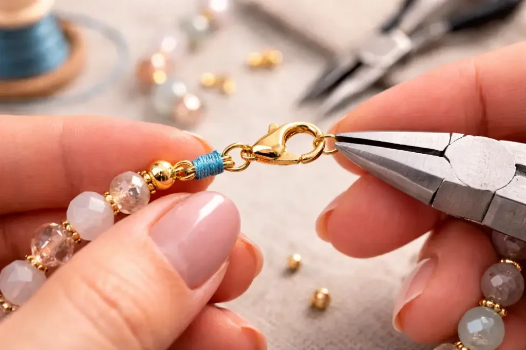 Close-up of a person using pliers to attach a gold clasp to a beaded bracelet involving faceted and opaque beads, with jewelry-making tools in the background.