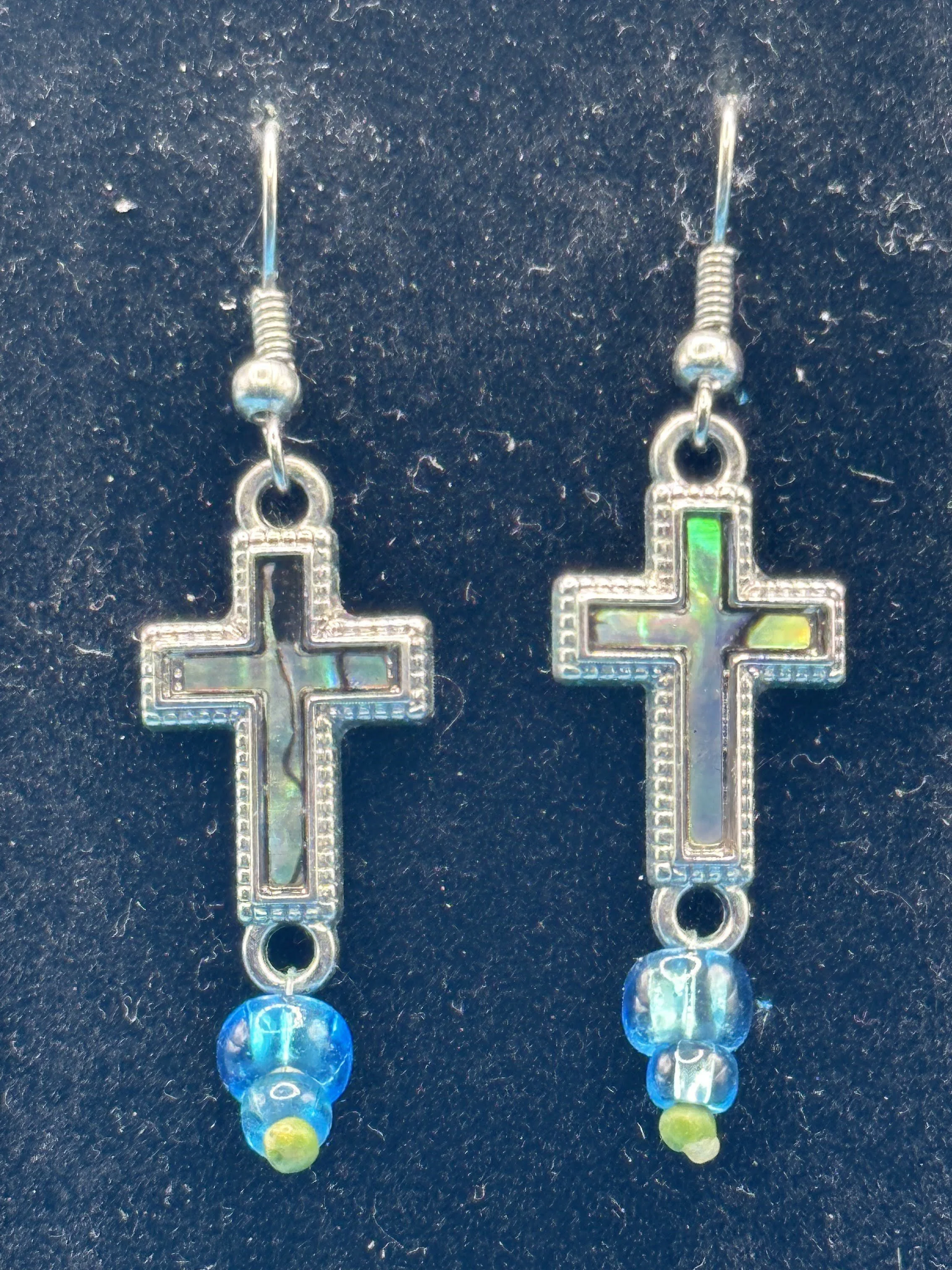 Silver Cross Earrings with Abalone Inlay and Glass Beads