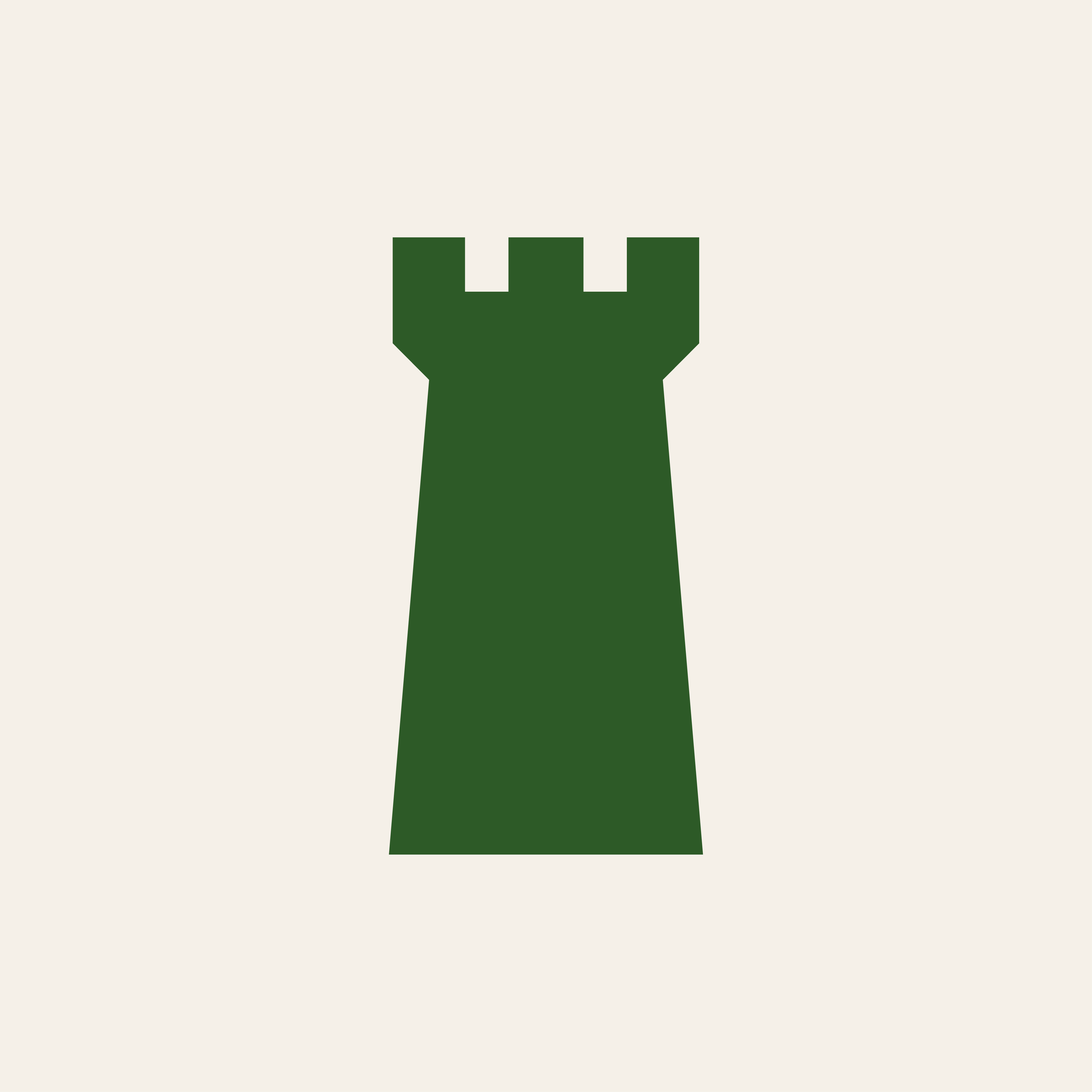 A stylized image of a green castle tower with three battlements, set against a beige background.