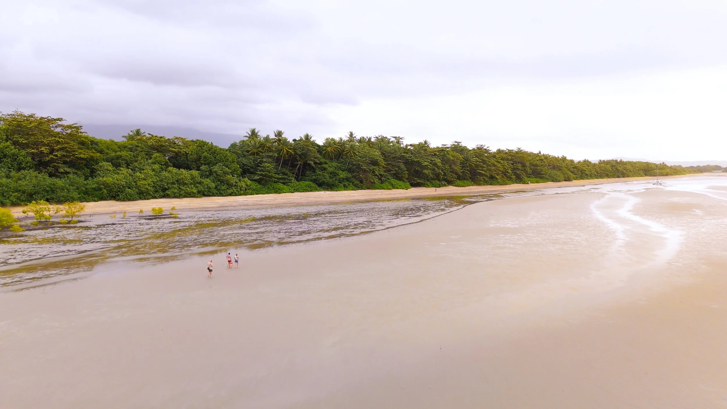 Beach scene with a shoreline, green trees, and a cloudy sky. A few people are wading in shallow water near the shore.