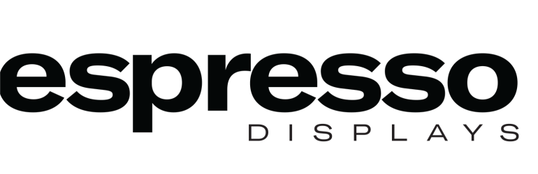 Close-up of a black background with the words 'espresso' in large font and 'DISPLAYS' in smaller font underneath.