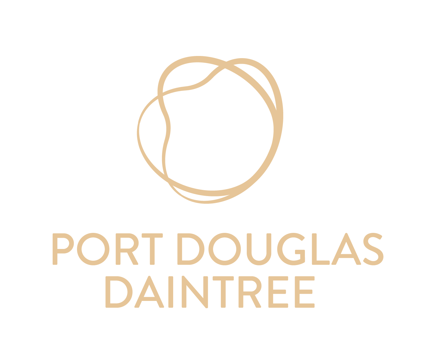 Logo with a stylized peach and the text 'Port Douglas Daintree' in beige on a black background.