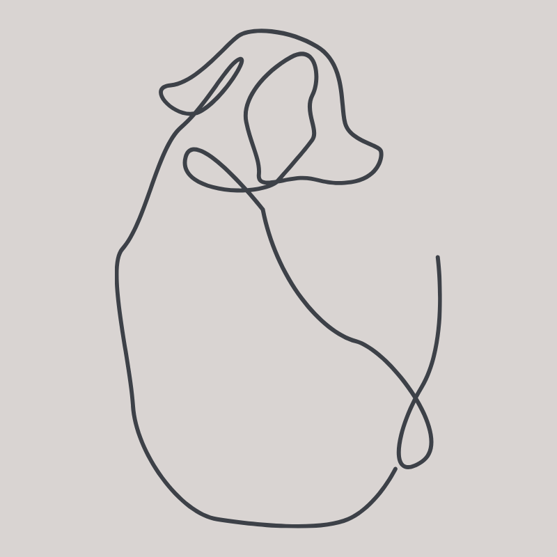 Minimalist line drawing of a dog with it's back to the point of view on a light gray background.