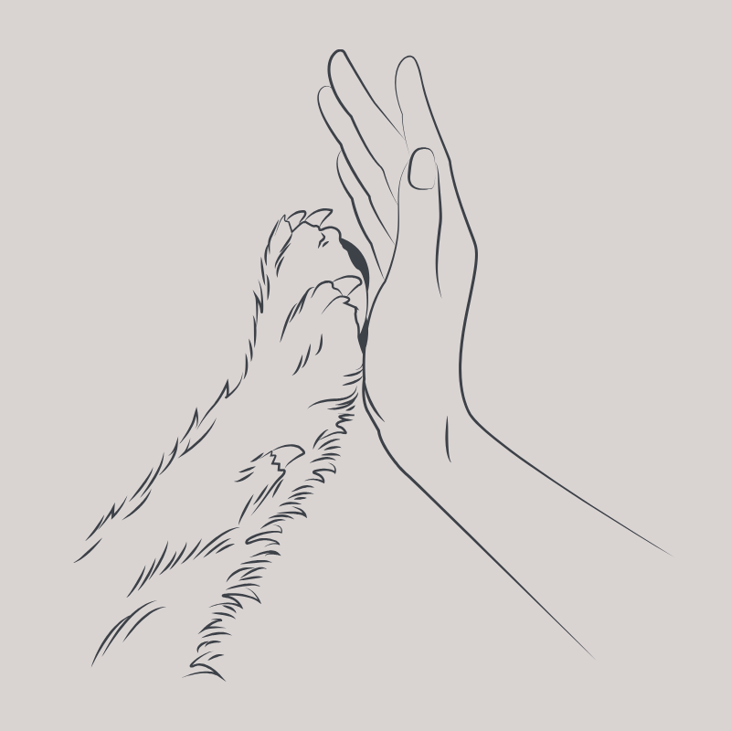 Line drawing of a human hand gently touching the paw of a dog or wolf with a barky fur texture.