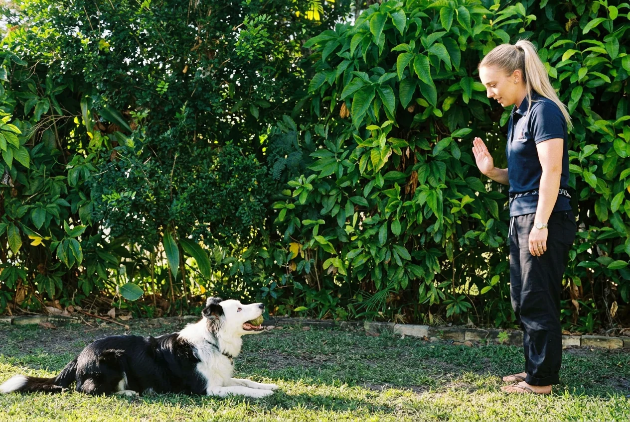 Woman training her dog outdoors on grass with a green leafy hedge behind them.