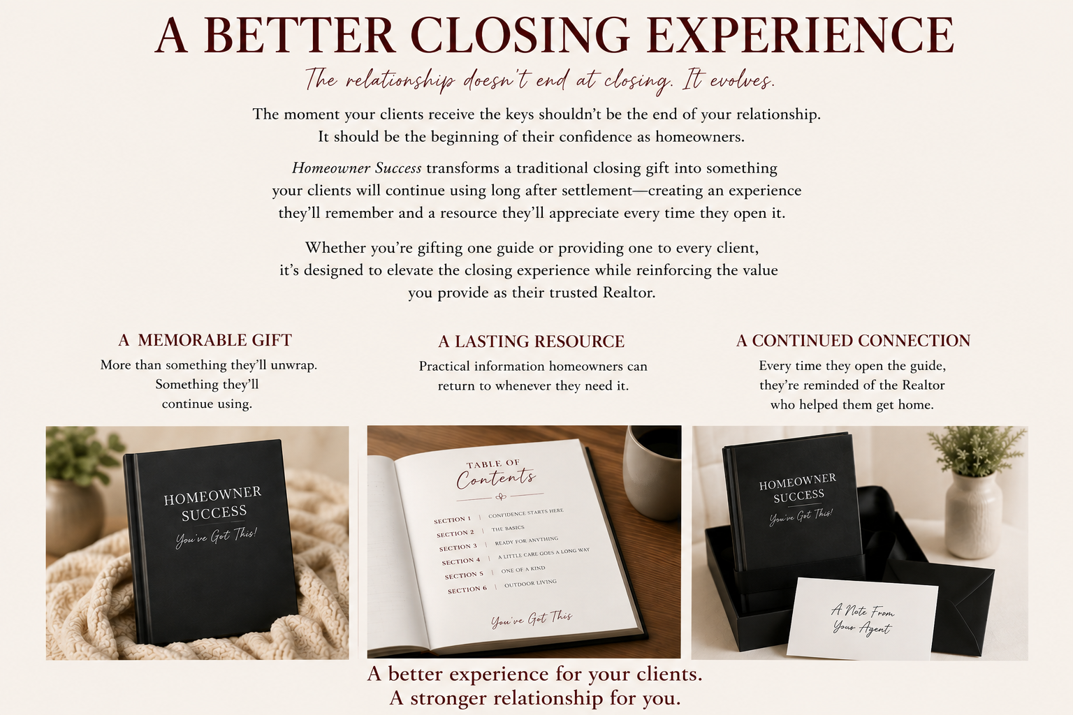Homeowner Success premium closing gift package with homeowner reference guide, note card, and presentation materials.