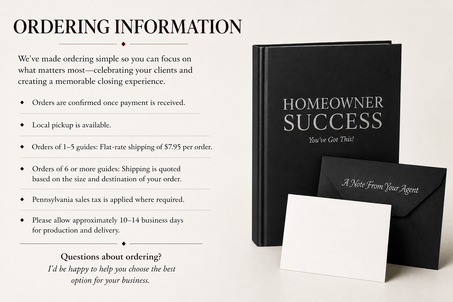 Homeowner Success ordering information with shipping, pickup, and bulk order details.