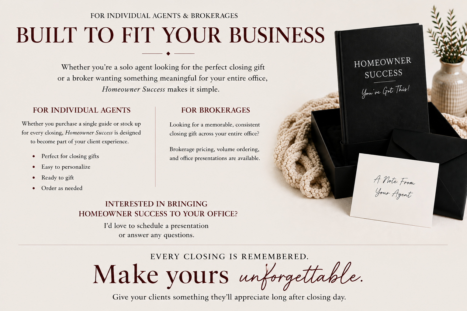 Homeowner Success broker information featuring bulk ordering for real estate professionals and brokerages.